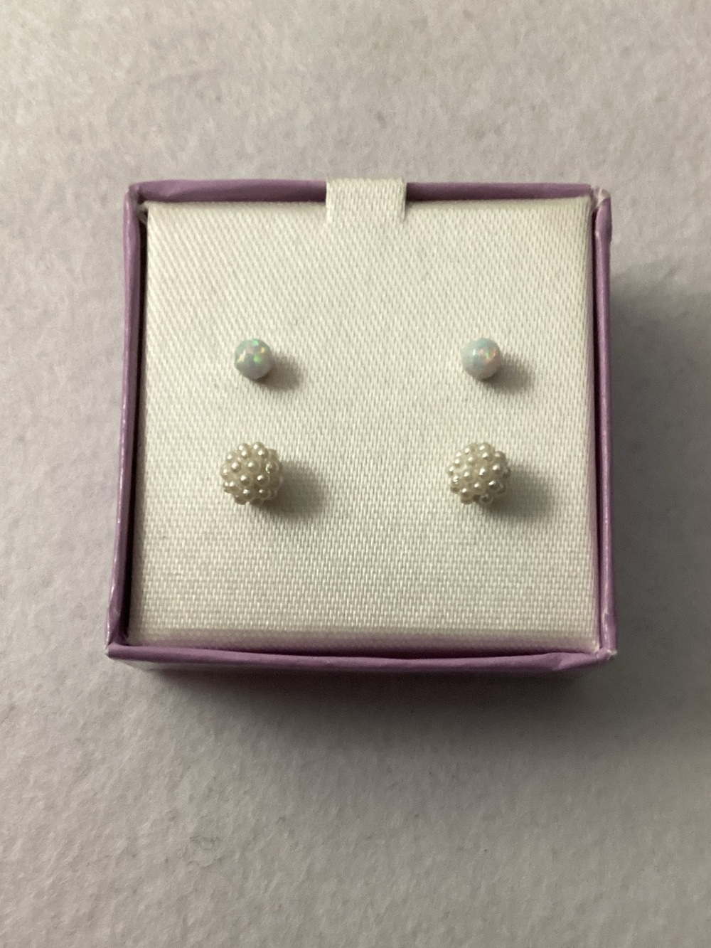 Kids PB Sterling Silver Metal Tower Pearl Cluster and Opal Stud Earring Set